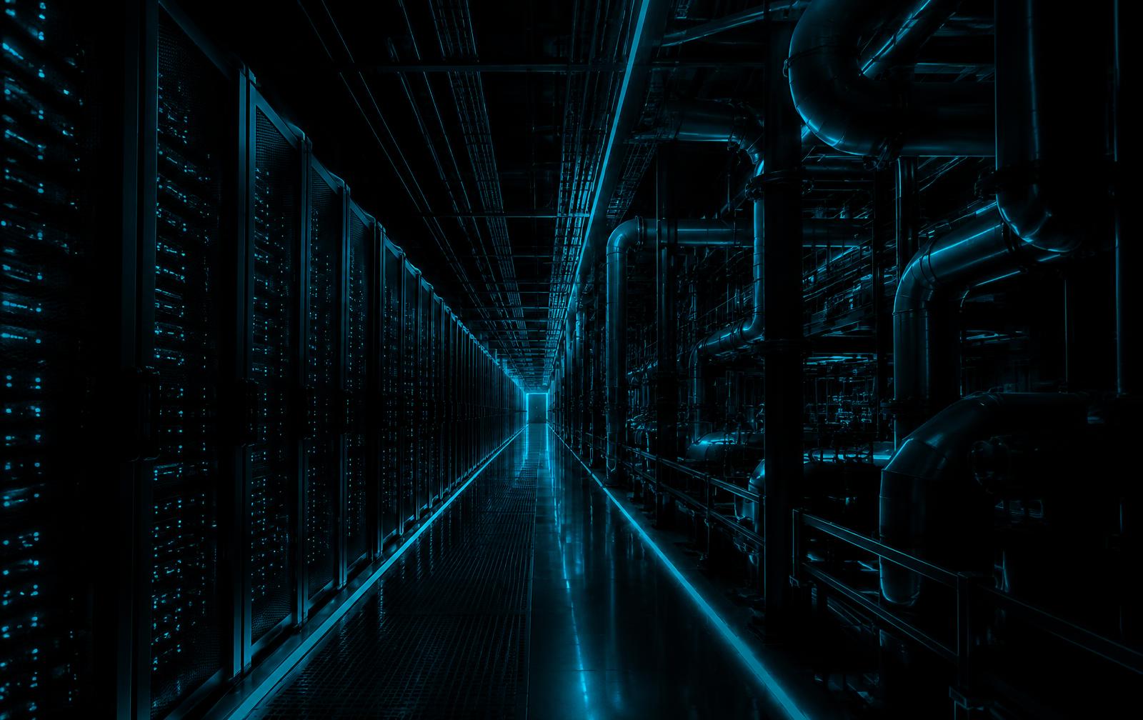 Data center aisle blended with industrial pipework under cool cyan light